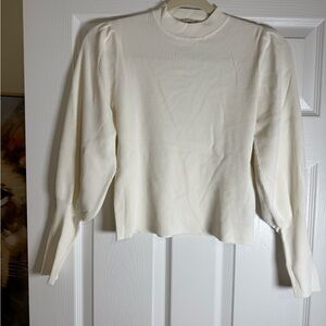 Zara Cream Ribbed Mock-Neck Puff Sleeve Sweater